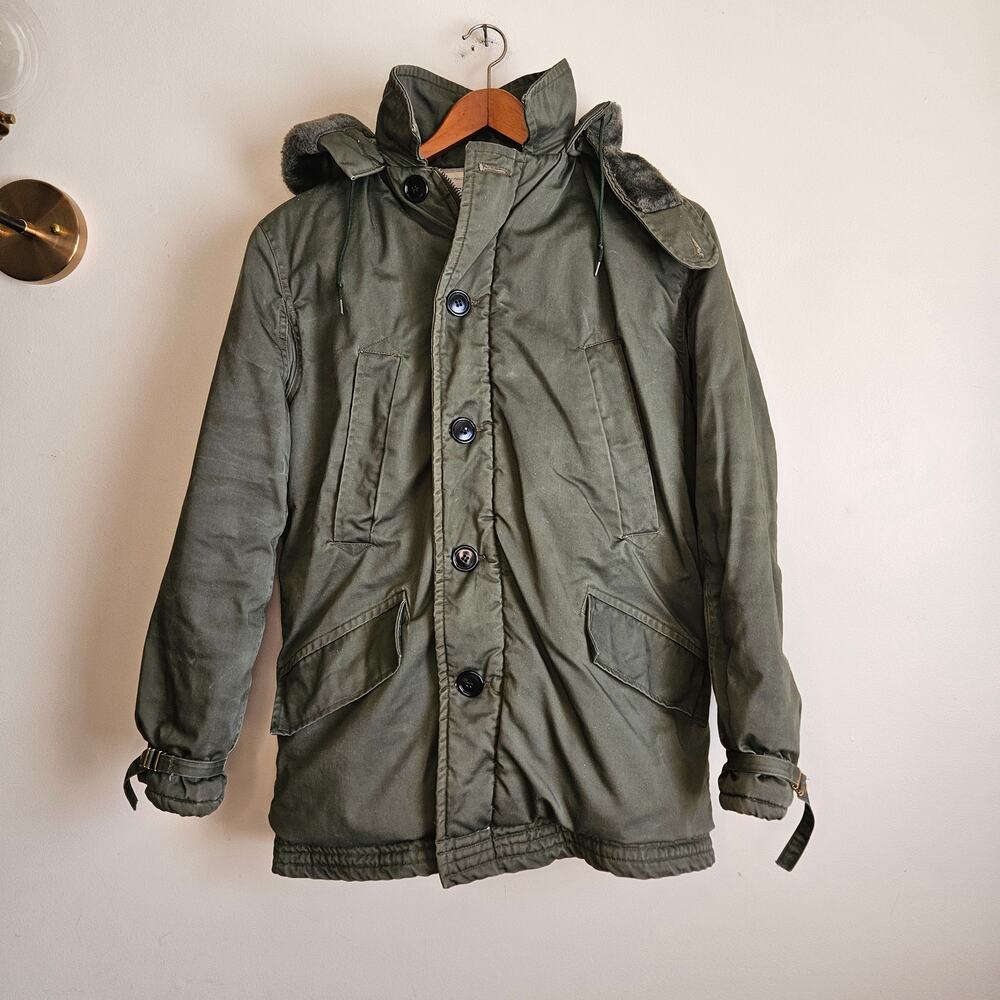 Vintage Mens Brent Commando Cloth Winter Coat, 1960's, Khaki Green, Sz M